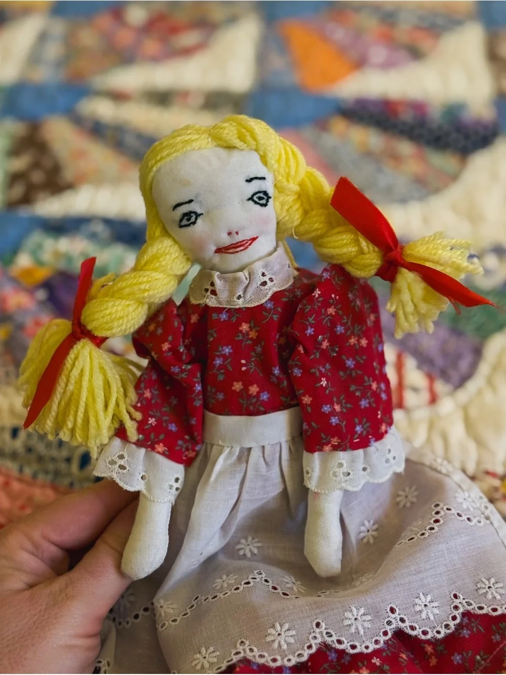 Handcrafted Vintage Yellow-Haired Rag Doll in Red Dress - Kids Toy